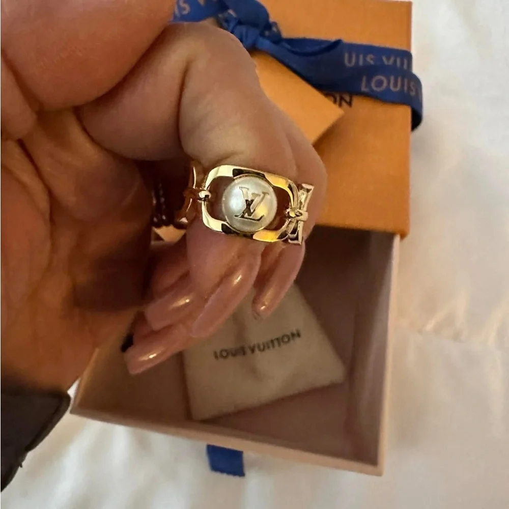 Louis Vuitton Gold Monogram Ring with Pearl Accent